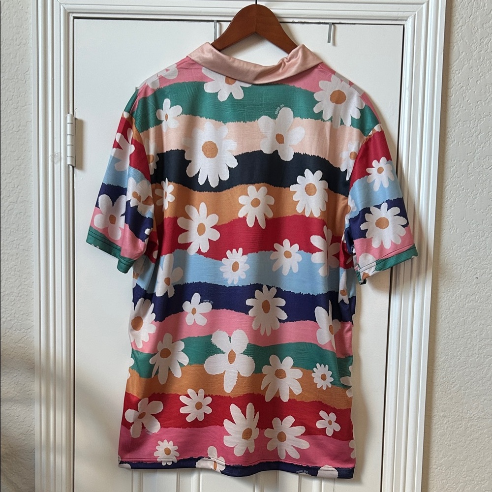 ✨ Retro Men's Daisies Striped Polo Shirt Short Sleeve Festival Floral Print XL - Picture 3 of 5